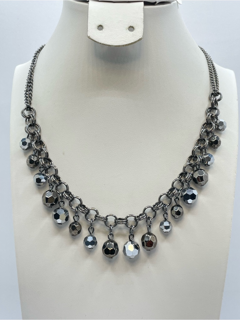Gunmetal Crystal Glass Bead Dangle Necklace Chunky Statement